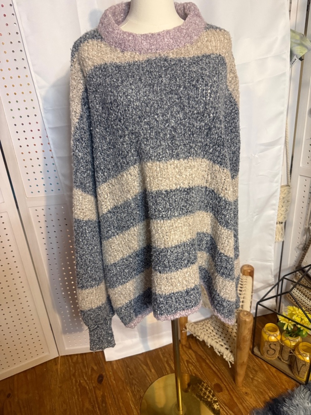 Free People Bouclé Crewneck Sweater in Blue, Cream & Lilac